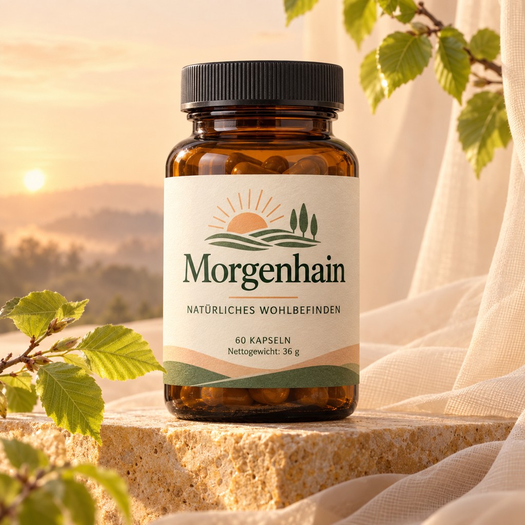 Morgenhain in einer Produktaufnahme mit lesbarem Etikett